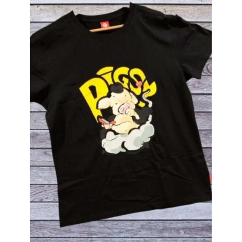 Lushanghai Mens XL Black Graphic Tee Cartoon Pig Cloud Streetwear T-Shirt